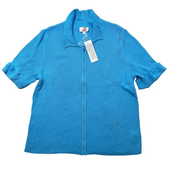 Woman's Quacker Factory Rhinestone Zipper Chunky-Knit Sky Blue Zip-up Polo Shirt - Picture 1 of 7
